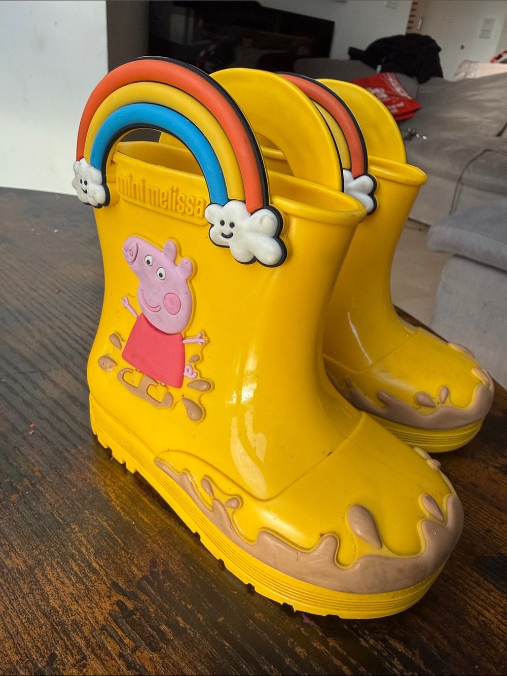 Mini Melissa Yellow Rain Boots with Rainbow Handles and Peppa Pig